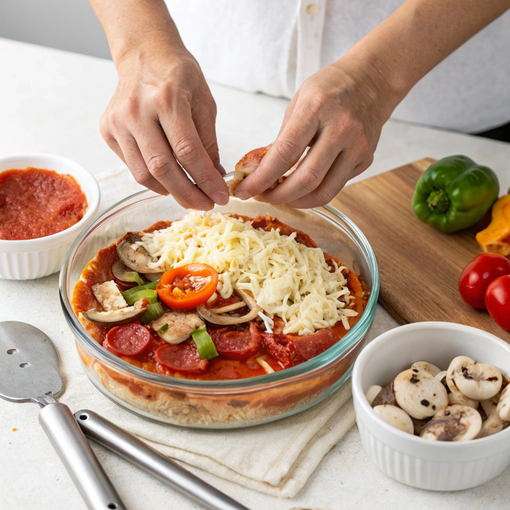 Irresistible Pizza Bowl Recipe: 5-Minute Low-Carb Meal Packed with Cheesy Goodness 5 Learn how to easily assemble a low-carb pizza bowl using fresh ingredients in just five minutes.