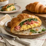 The Best Croissant Sandwich Recipe: Flaky, Savory & Ready in 15 Minutes 7 Croissant sandwich with ham, cheese, eggs, and spinach on a rustic plate.