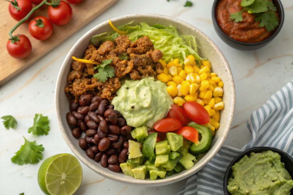 Taco Bowl Recipe: 5 Easy Steps to a Flavor-Packed Meal 9 Overhead view of a taco bowl with meat, lettuce, tomatoes, beans, corn, and guacamole