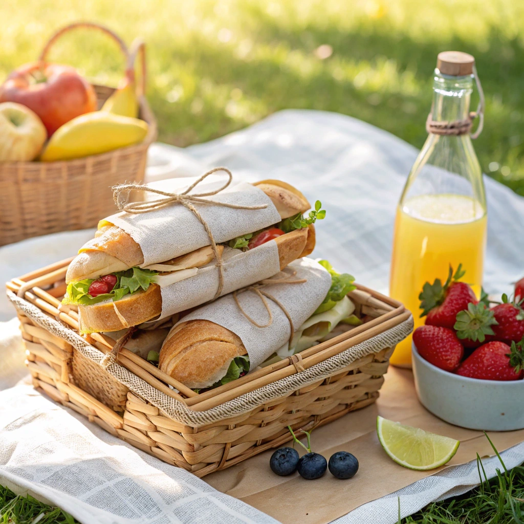 The Best Croissant Sandwich Recipe: Flaky, Savory & Ready in 15 Minutes 6 Wrapped croissant sandwiches in a picnic basket with fruit and lemonade.