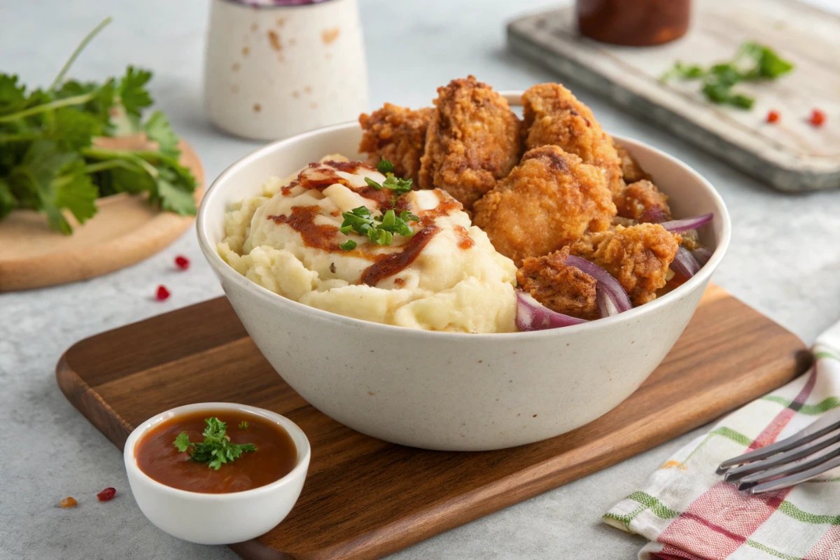 Finished homemade KFC bowl recipe served with extra gravy and a garnish