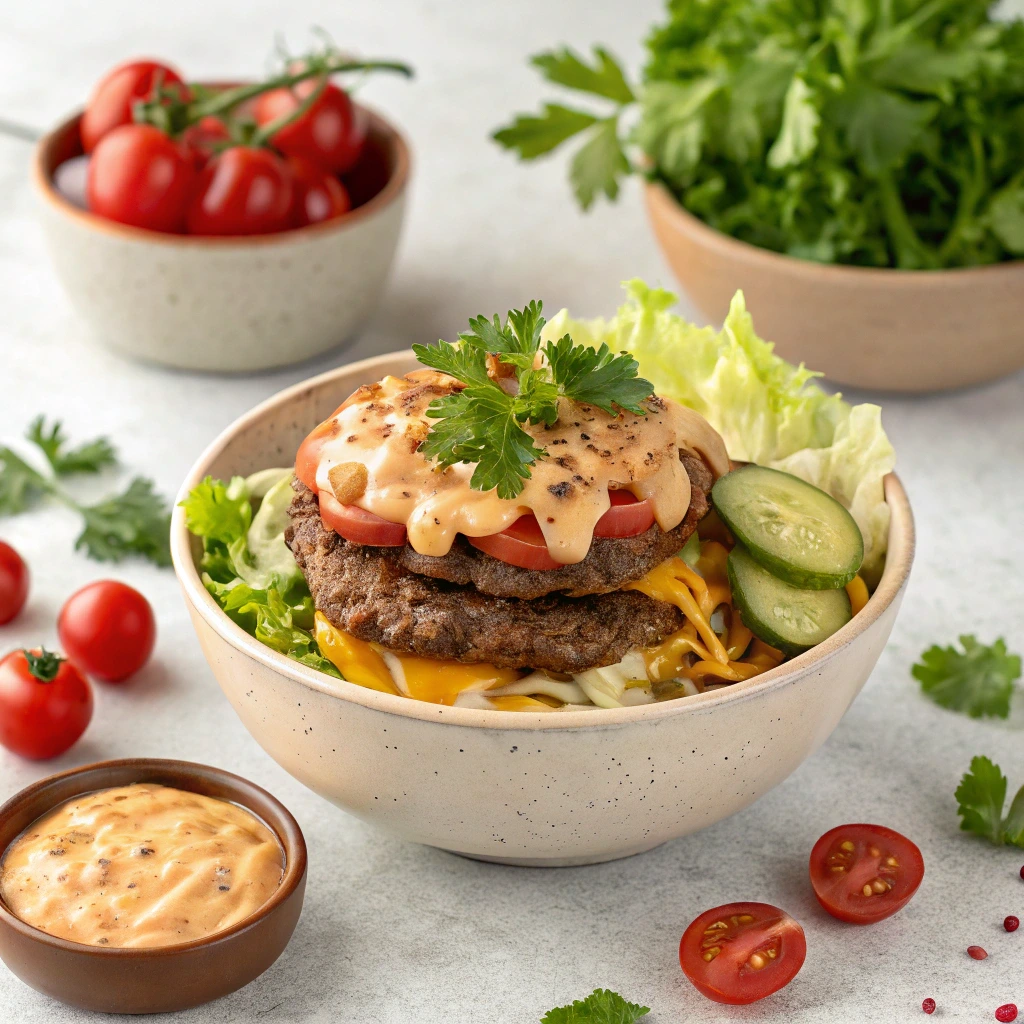 Big Mac Bowl Recipe: A Low-Carb Twist on the Fast Food Classic in 5 Steps 6 Completed low-carb Big Mac Bowl with extra special sauce and garnish