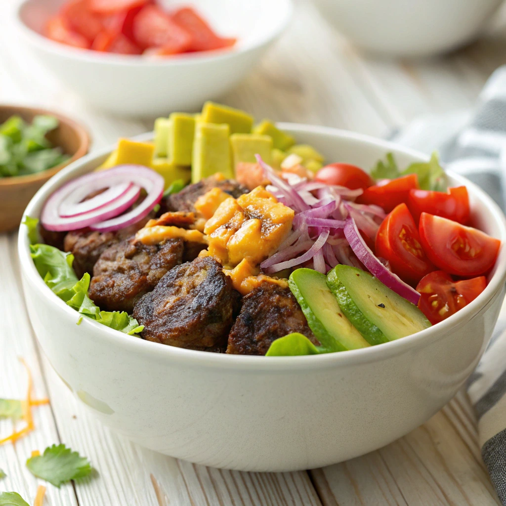 A vibrant low-carb burger bowl recipe packed with fresh ingredients.