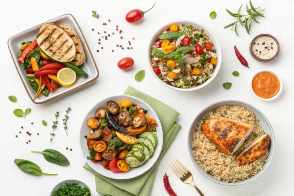8 Delicious Gluten Free Dinner Recipes: Easy, Flavorful Meals for Every Night 3 A spread of gluten free dinner recipes with grilled chicken, couscous, and assorted roasted vegetables.