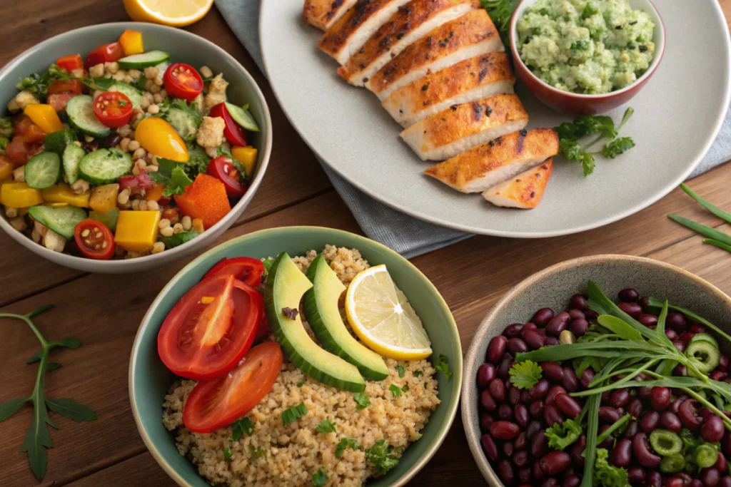 8 Delicious Gluten Free Dinner Recipes: Easy, Flavorful Meals for Every Night 2 Grilled chicken breast served with couscous, black beans, avocado, and a colorful gluten-free vegetable salad.