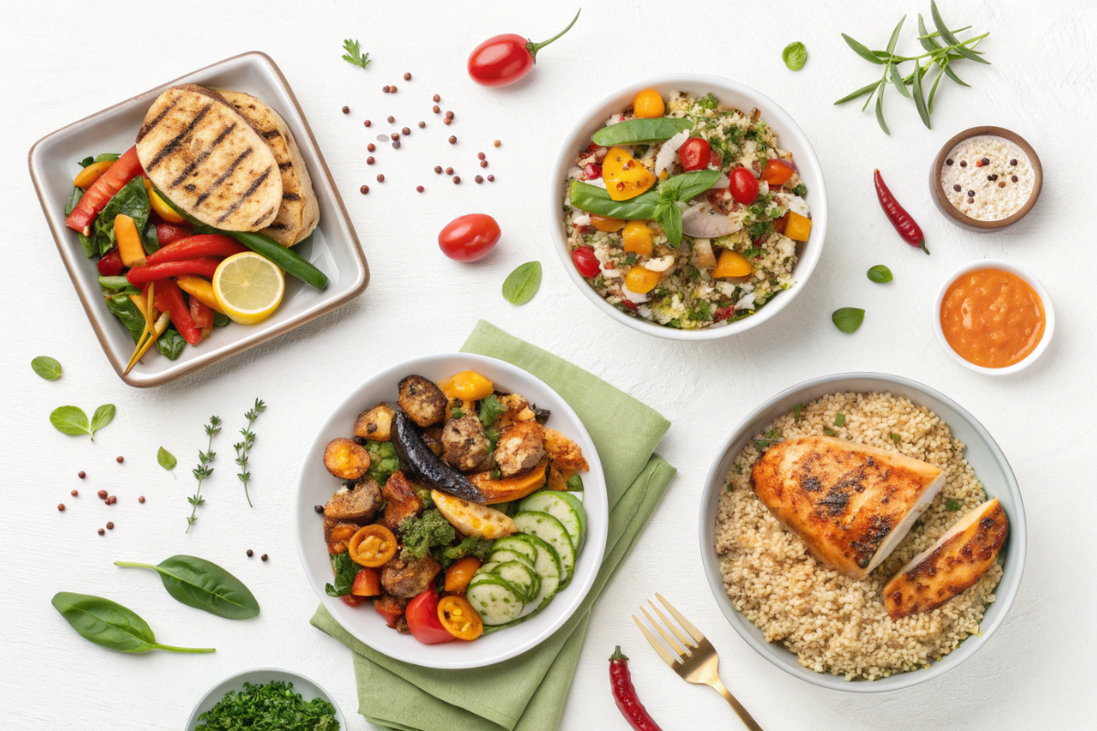 A spread of gluten free dinner recipes with grilled chicken, couscous, and assorted roasted vegetables.