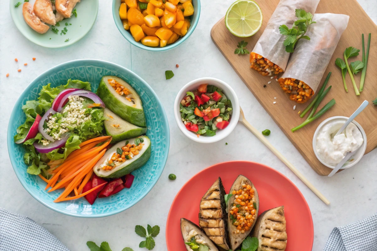 A variety of vibrant gluten free lunch recipes including salad, sweet potatoes, and rice paper rolls