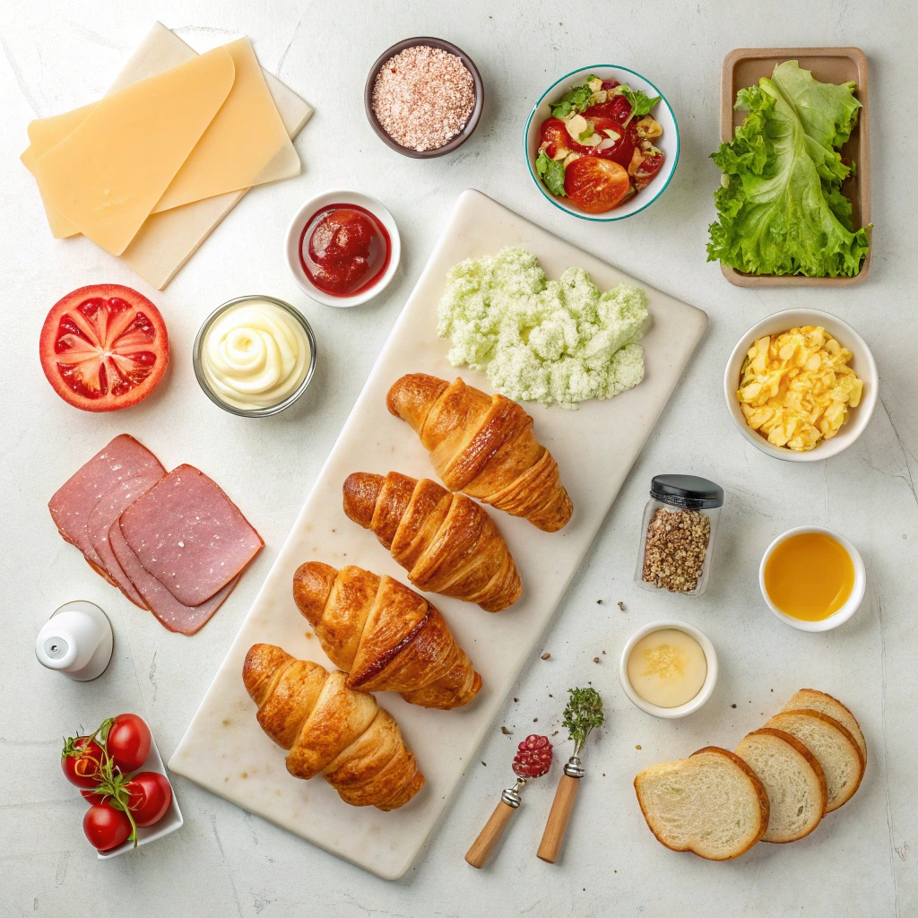 The Best Croissant Sandwich Recipe: Flaky, Savory & Ready in 15 Minutes 5 Ingredients laid out for assembling croissant sandwiches, including meats, cheese, and fresh produce.
