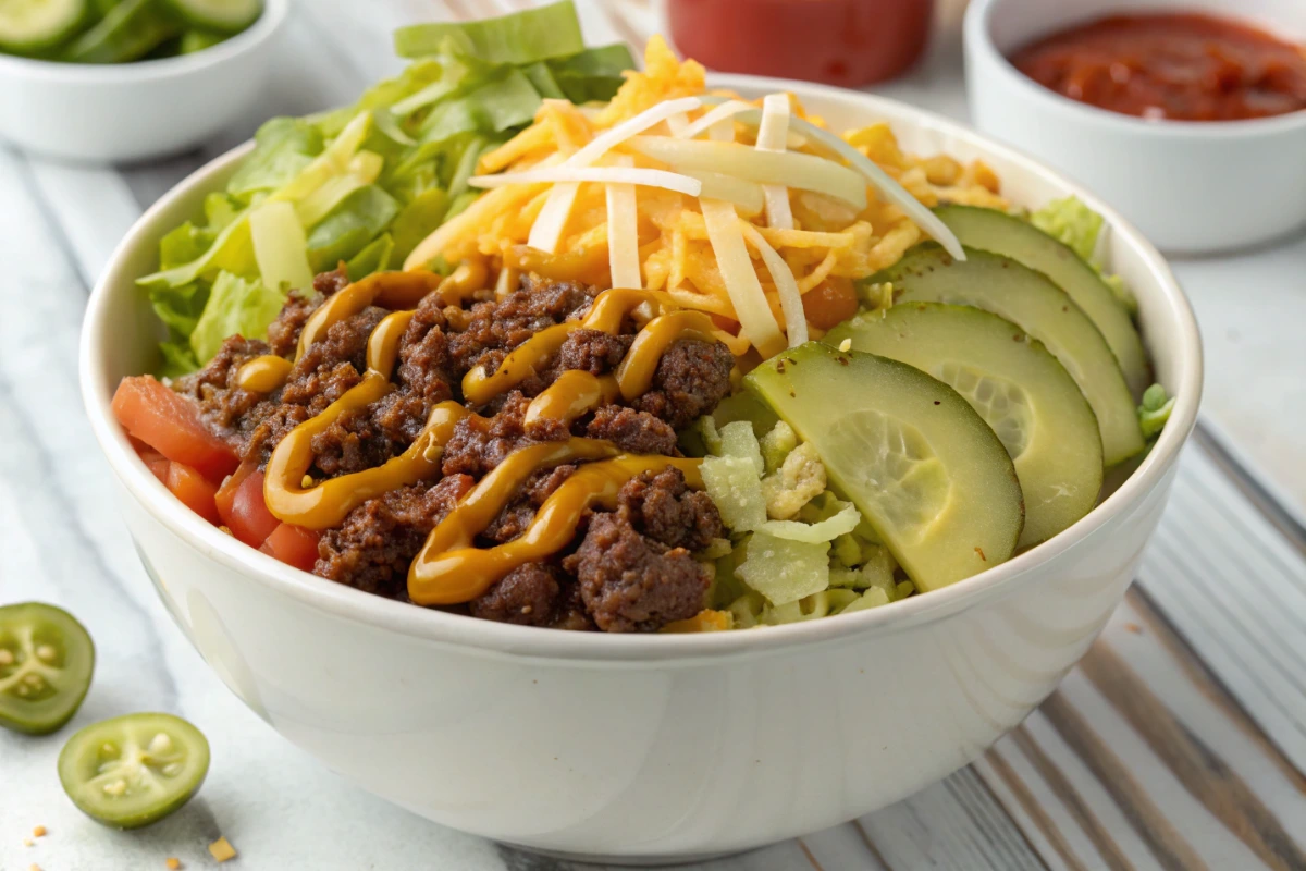 Low-carb Big Mac bowl recipe with ground beef, lettuce, cheese, pickles, and special sauce