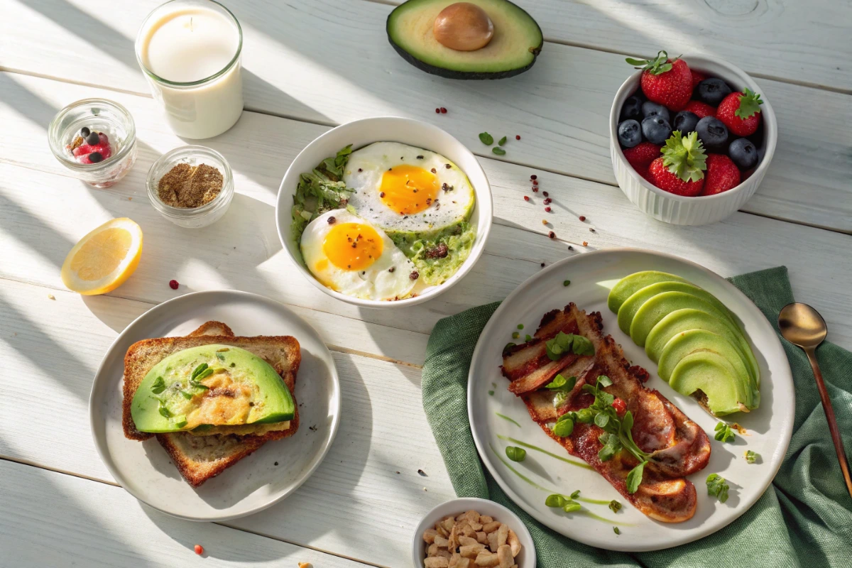 Assorted low carb breakfast dishes including eggs, keto toast, and smoothie bowl