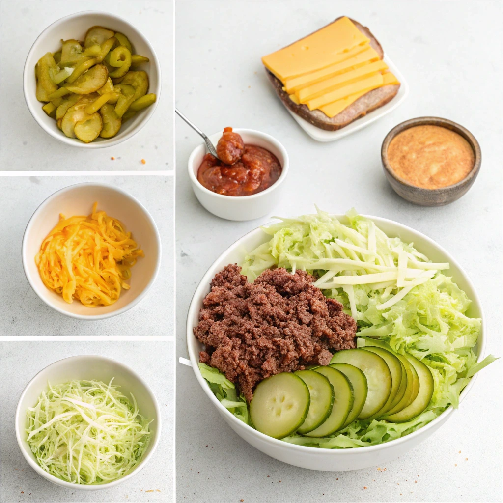 Big Mac Bowl Recipe: A Low-Carb Twist on the Fast Food Classic in 5 Steps 5 Assembling a low-carb Big Mac Bowl with ground beef, lettuce, cheese, pickles, and special sauce