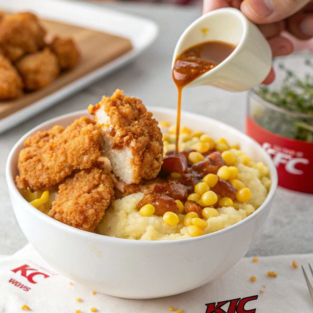 KFC Bowl Recipe: Make This Irresistible Favorite in 20 Minutes 6 Assembling a homemade KFC bowl with chicken, mashed potatoes, corn, and gravy