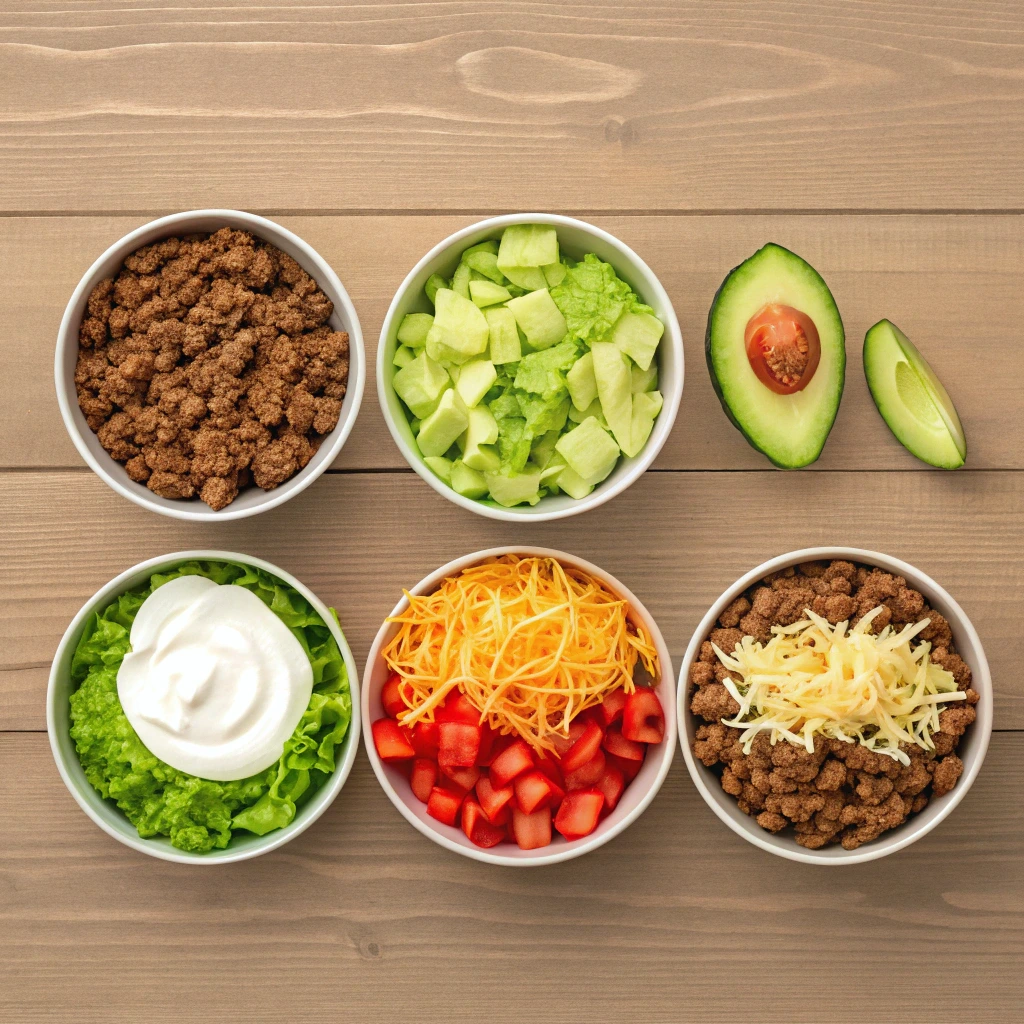 Taco Bowl Recipe: 5 Easy Steps to a Flavor-Packed Meal 6 Various taco bowl ingredients laid out in bowls, ready for assembling