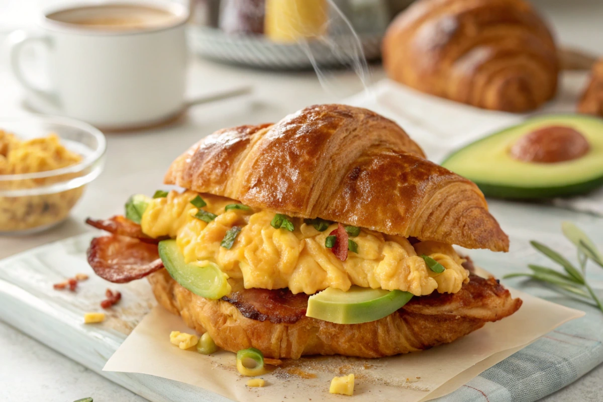 Close-up of croissant sandwich with eggs, cheese, avocado, and bacon.