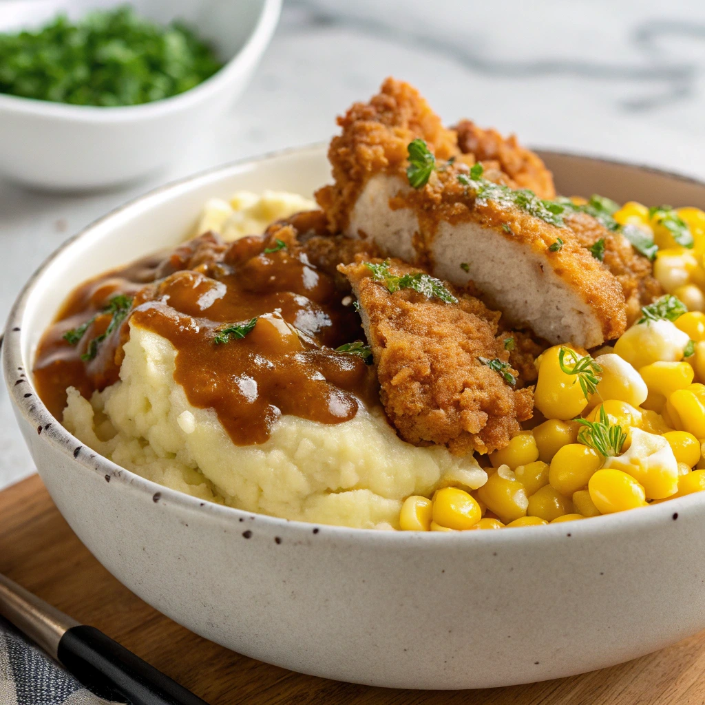 KFC Bowl Recipe: Make This Irresistible Favorite in 20 Minutes 5 Homemade KFC bowl with crispy chicken, mashed potatoes, corn, and gravy