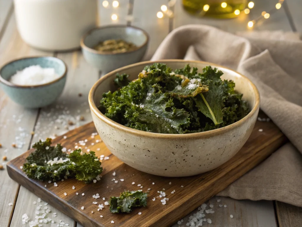 7 Best Low Carb Chips for Crunchy, Guilt-Free Snacking 3 Kale chips in a bowl on a rustic table