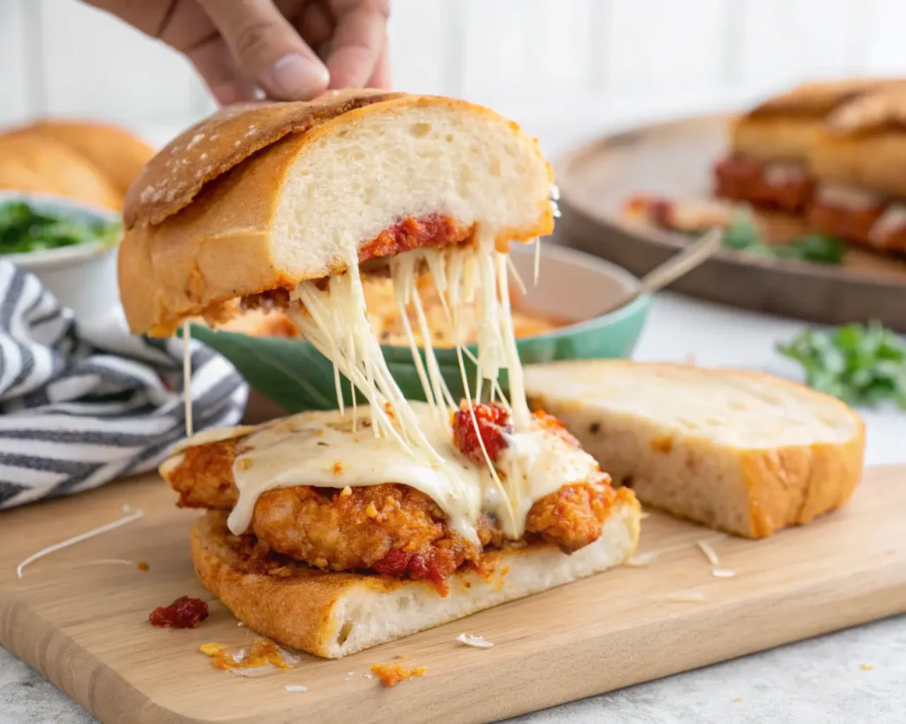10 Irresistible Chicken Parm Sandwich Recipes You Need to Try Today 3 Pulled-apart chicken parm sandwich with melted mozzarella cheese stretching