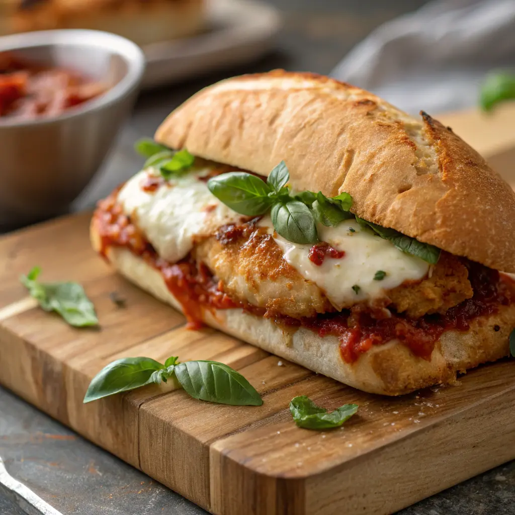 6 Mouthwatering Grilled Chicken Parmesan Sandwich Recipes You’ll Love 4 Grilled chicken parmesan sandwich with mozzarella, marinara, and basil on a wooden board