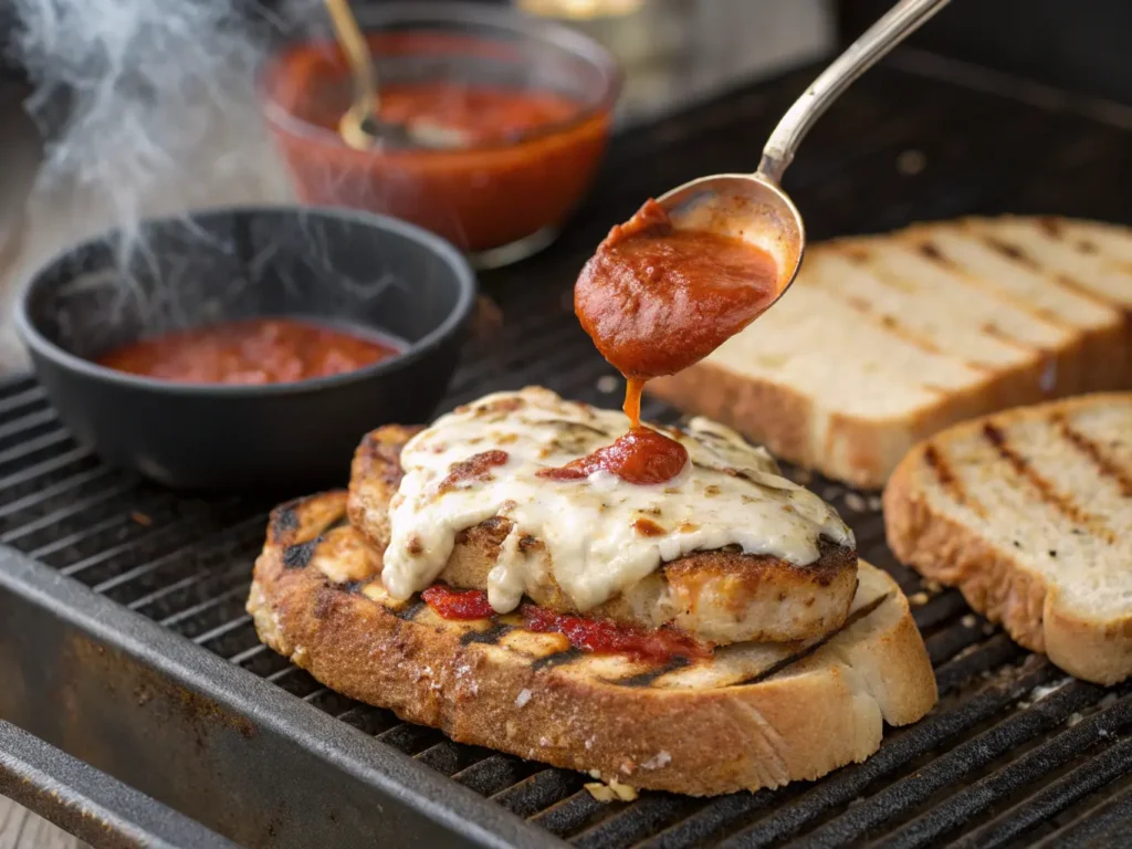 6 Mouthwatering Grilled Chicken Parmesan Sandwich Recipes You’ll Love 2 Grilled chicken parmesan sandwich cooking on a grill with cheese melting and sauce on top