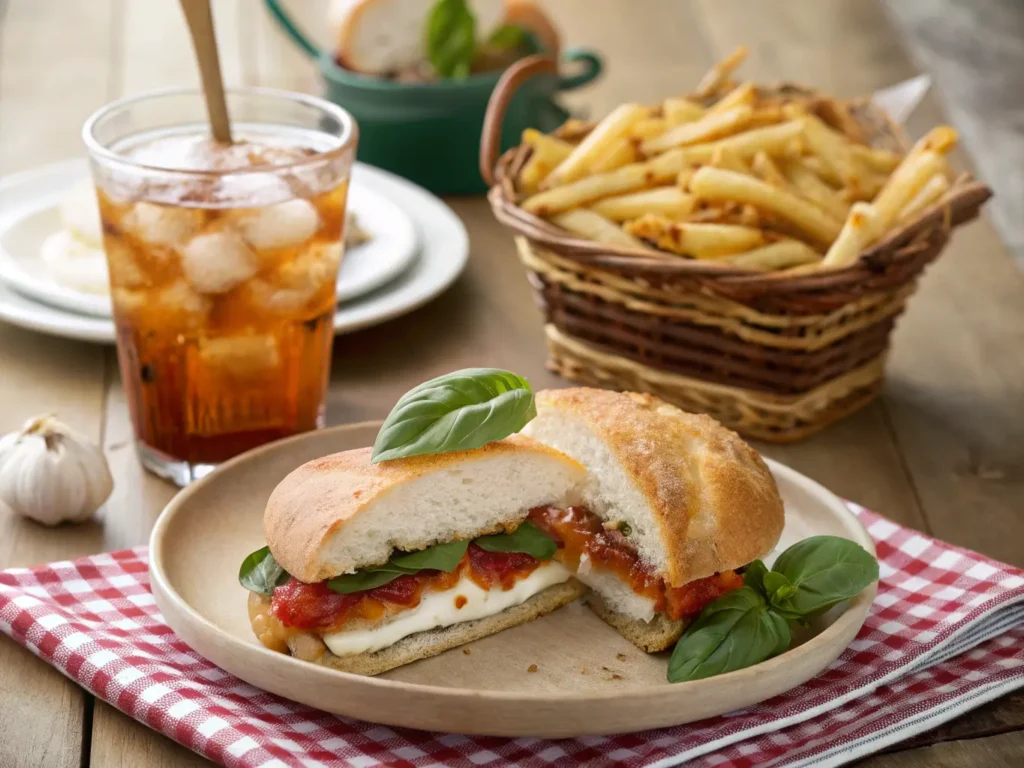 10 Irresistible Chicken Parm Sandwich Recipes You Need to Try Today 2 Rustic table scene with chicken parm sandwich, iced tea, and garlic fries