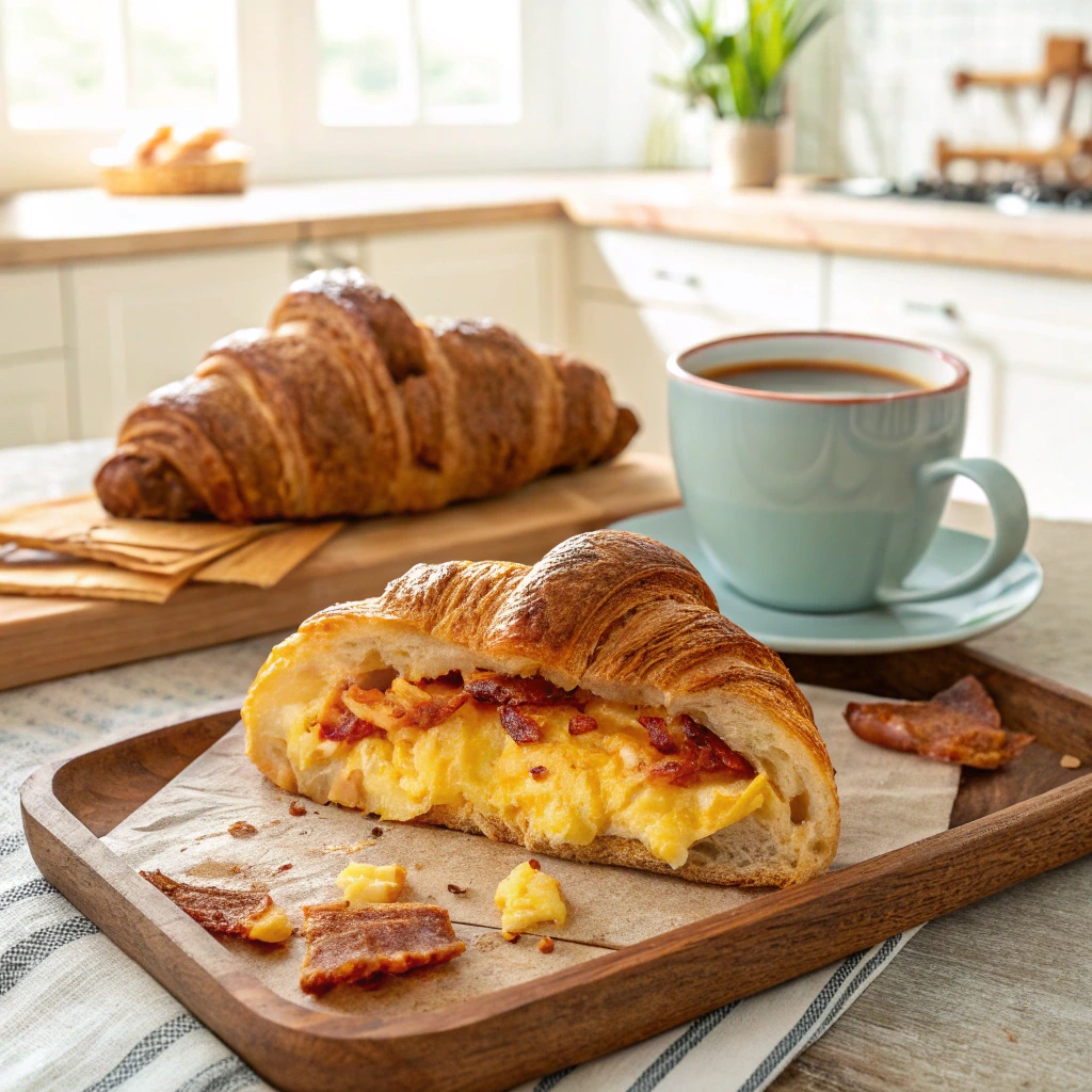 How to Make a Perfect Croissant Egg Sandwich in 10 Minutes (Quick, Delicious & Irresistible) 6 Croissant egg sandwich with scrambled eggs, cheese, and bacon on a wooden tray.