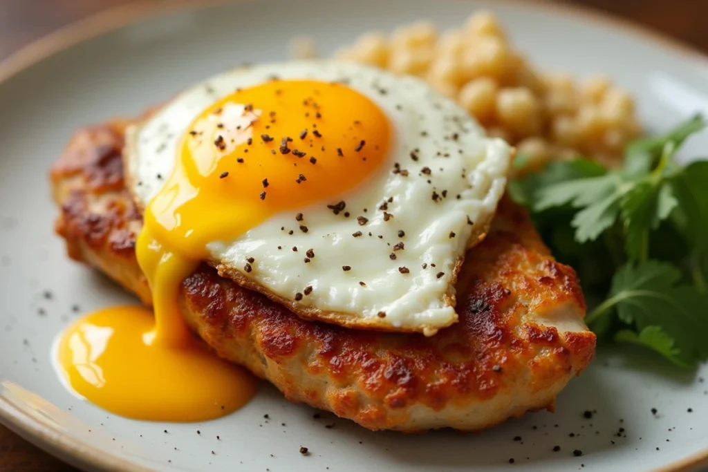 Easy Chicken and Egg Recipe for a Quick Meal 6 Fried egg over grilled chicken breast with black pepper, parsley, and white beans on the side.