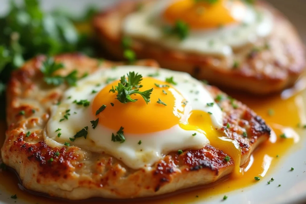 Easy Chicken and Egg Recipe for a Quick Meal 7 Seared chicken breast with runny egg yolk and fresh herbs, served with arugula and cherry tomatoes.