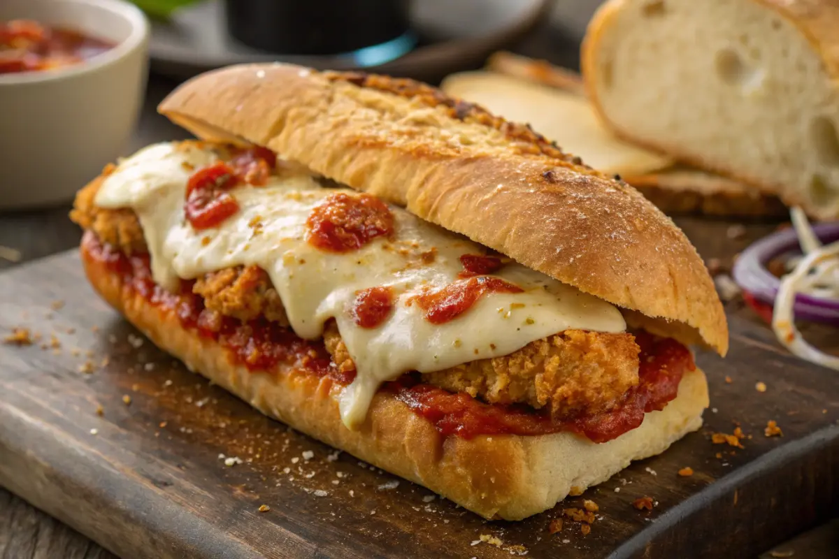 Chicken parm sandwich with crispy chicken, marinara sauce, and melted mozzarella on Italian bread