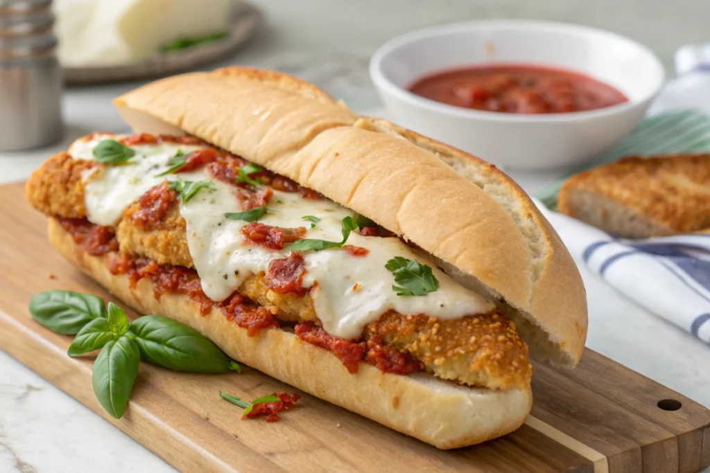 5 Must-Try Chicken Parm Sub Recipes for a Flavorful Feast 3 Chicken parm sub sandwich with marinara sauce and melted mozzarella on a crusty roll