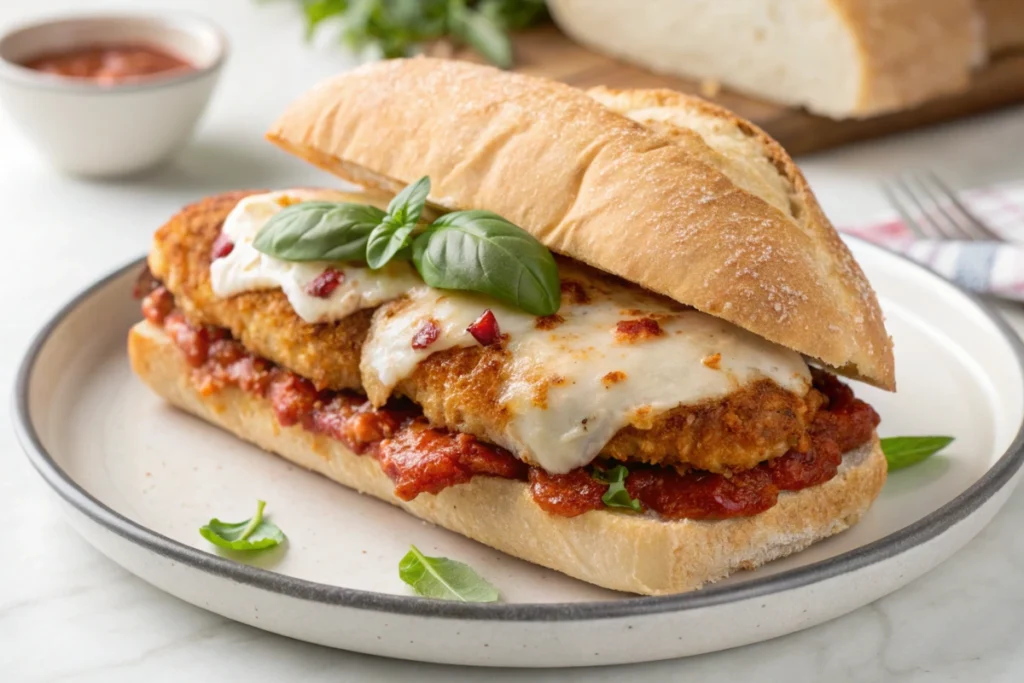Top 5 Chicken Parmesan Sandwich Recipes You’ll Crave 2 Close-up of a chicken parmesan sandwich with golden breaded chicken and fresh basil garnish.