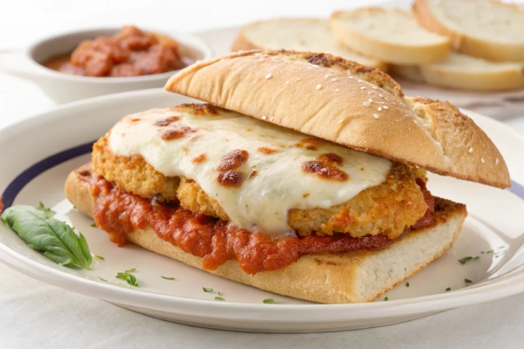 Top 5 Chicken Parmesan Sandwich Recipes You’ll Crave 4 Crispy chicken parmesan sandwich with melted mozzarella and marinara sauce on a toasted bun.