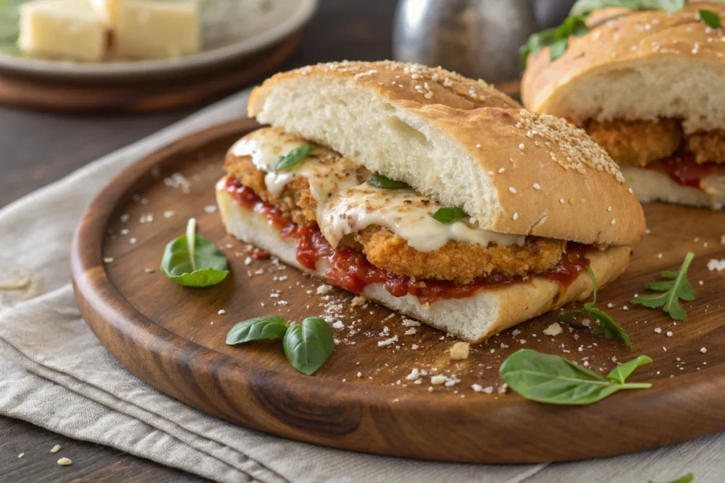 Top 5 Chicken Parmesan Sandwich Recipes You’ll Crave 3 Chicken parmesan sandwich on a ciabatta bun with layers of cheese and tomato sauce.