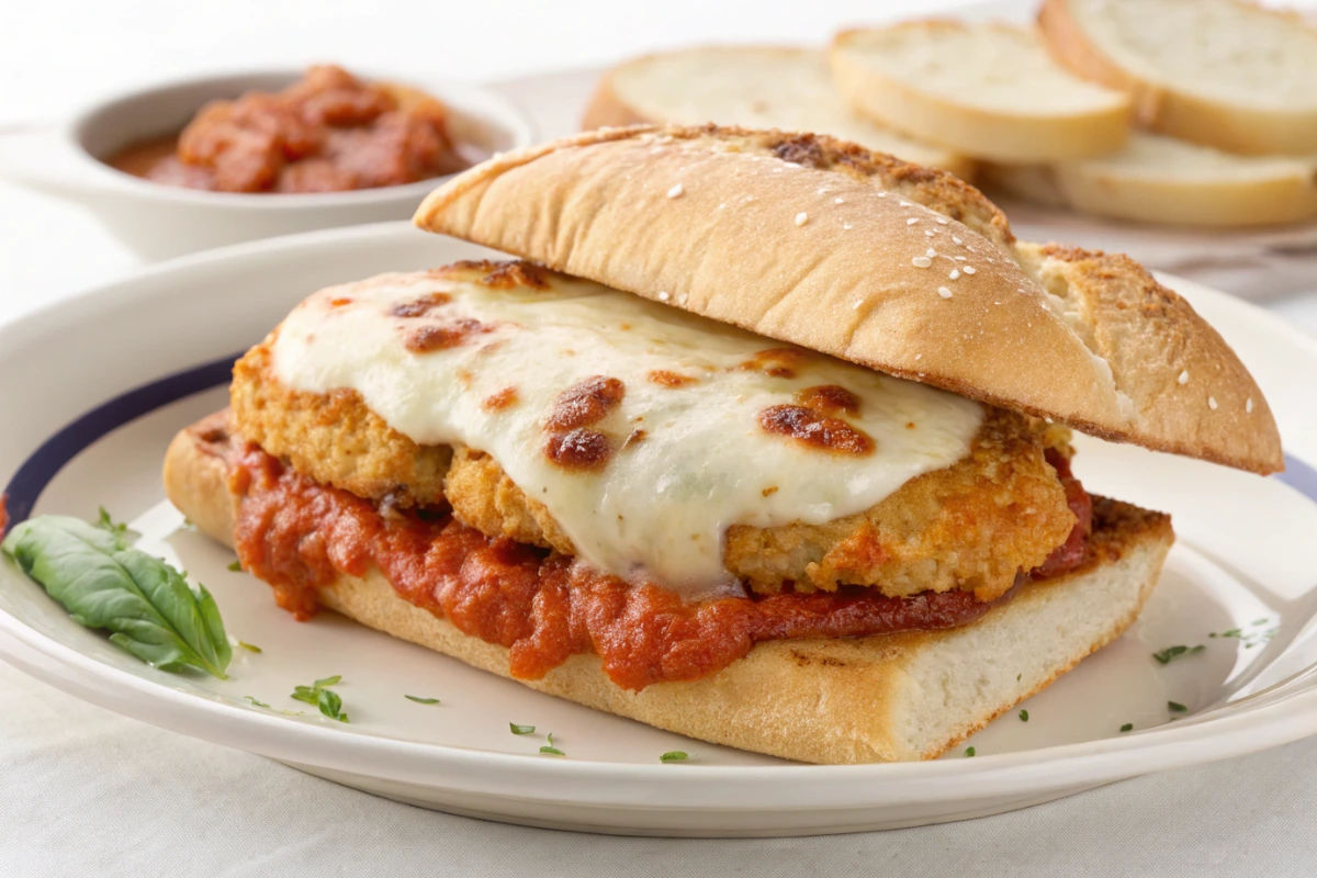 Crispy chicken parmesan sandwich with melted mozzarella and marinara sauce on a toasted bun.