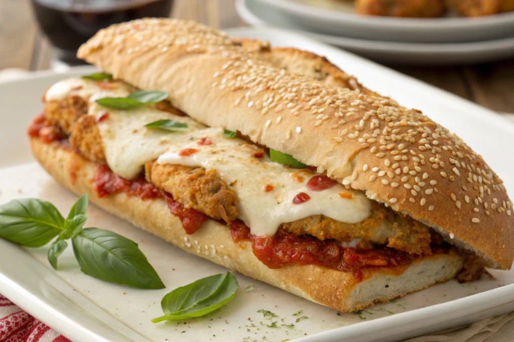 7 Easy Chicken Parmesan Sub Recipes You’ll Love 2 Chicken parmesan sub sandwich topped with melted mozzarella and marinara sauce