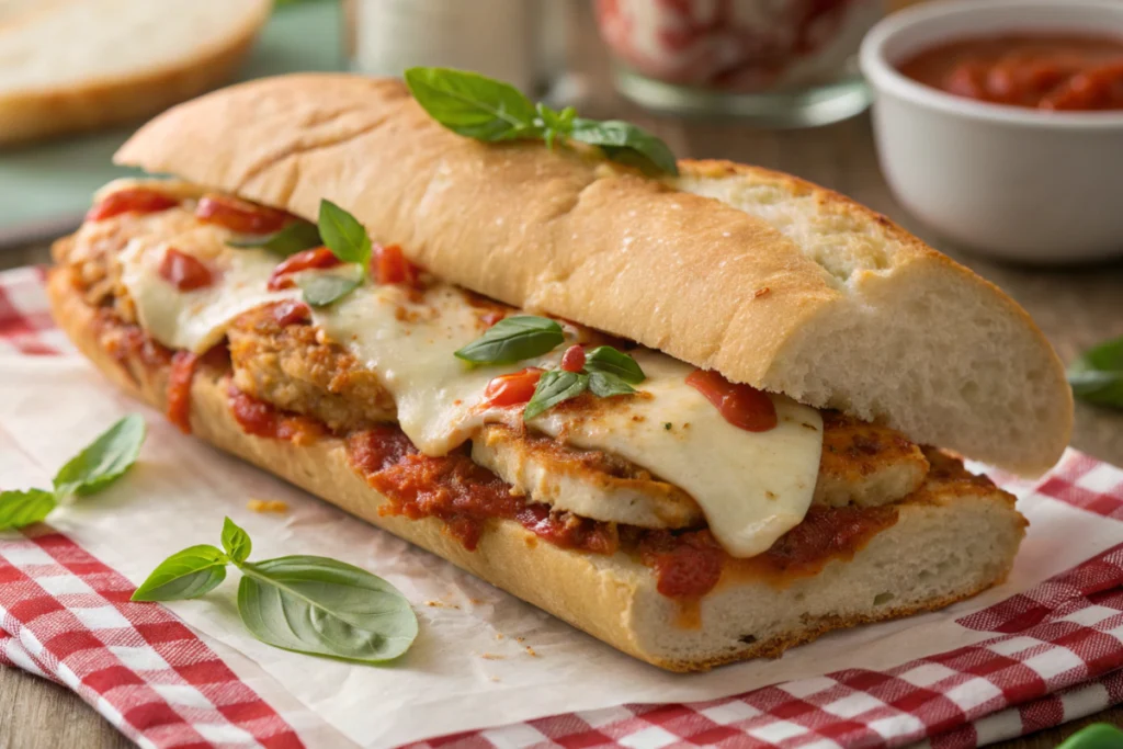7 Easy Chicken Parmesan Sub Recipes You’ll Love 3 Hearty chicken parmesan sub on toasted bread with golden melted cheese
