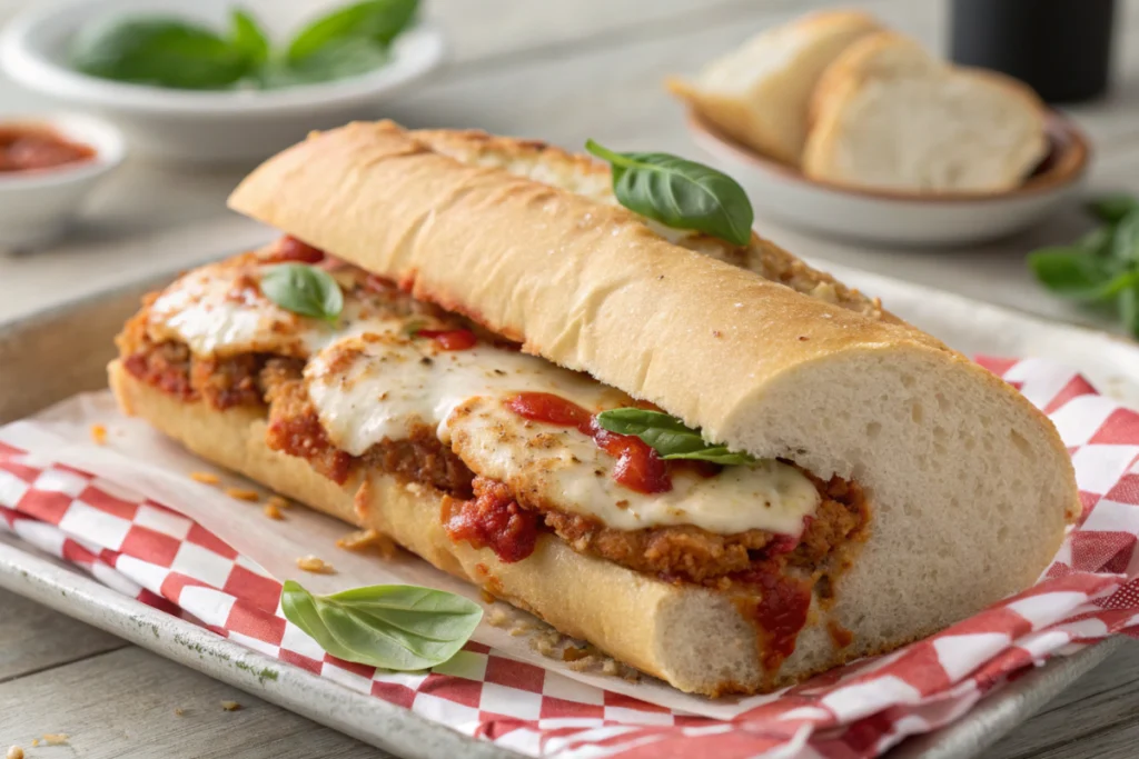7 Easy Chicken Parmesan Sub Recipes You’ll Love 4 Chicken parmesan sub with layers of cheese and marinara sauce on crusty bread