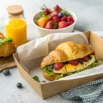 How to Make a Perfect Croissant Egg Sandwich in 10 Minutes (Quick, Delicious & Irresistible) 7 Takeaway croissant egg sandwich with fruit and orange juice in a to-go box.