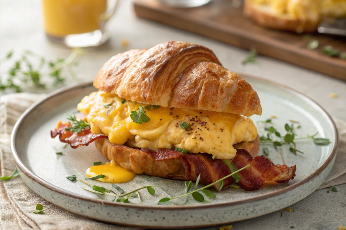 Croissant egg sandwich with melted cheese, scrambled eggs, and bacon on a rustic plate.
