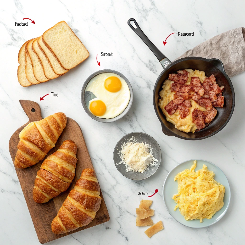 How to Make a Perfect Croissant Egg Sandwich in 10 Minutes (Quick, Delicious & Irresistible) 5 Ingredients for making a croissant egg sandwich: croissants, eggs, cheese, and bacon.