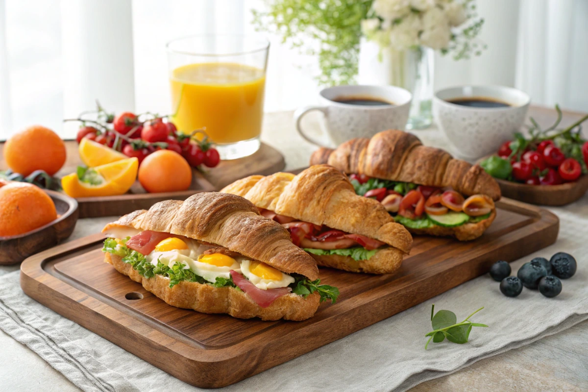 Assorted croissant sandwiches served on a brunch board with fruits and drinks.