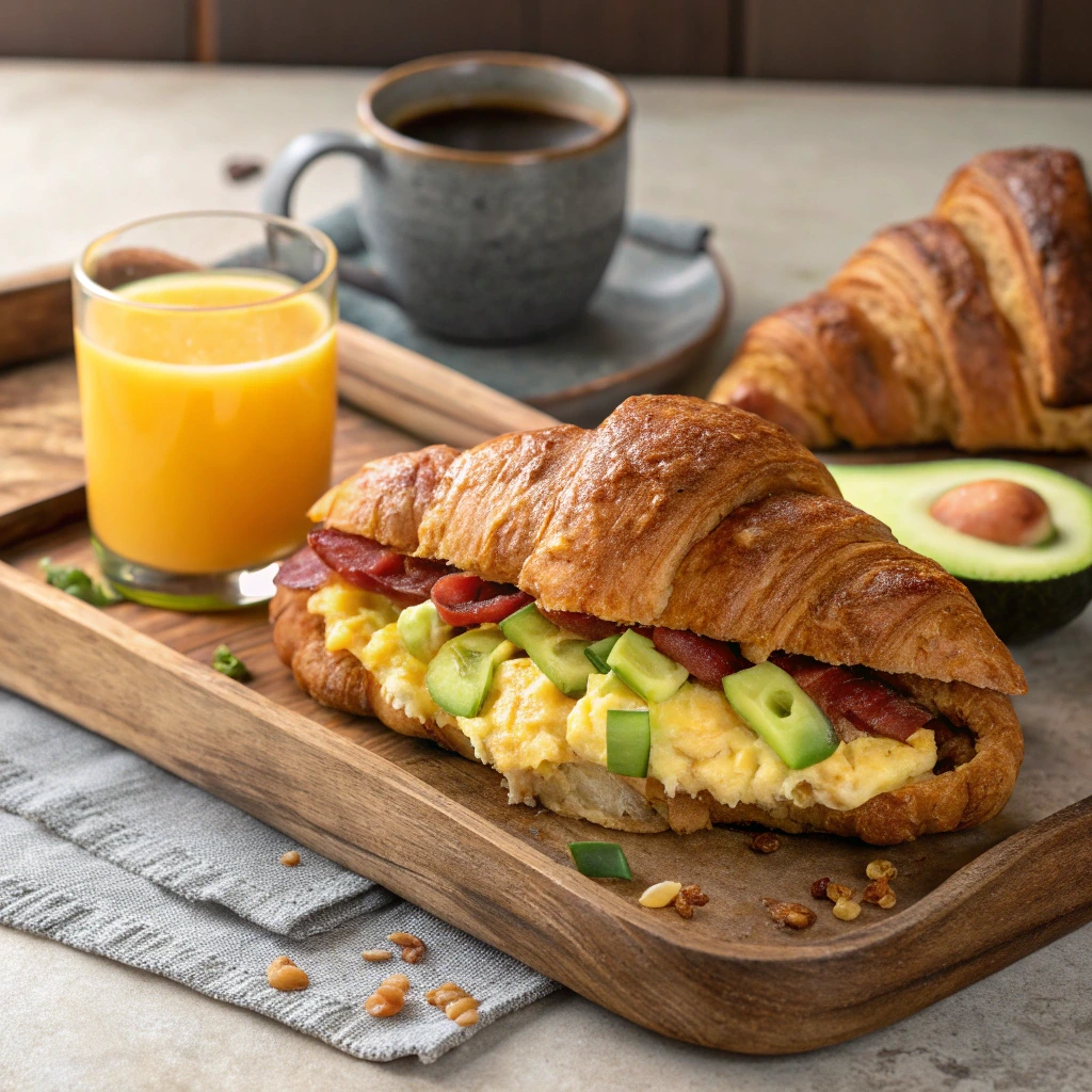 10 Irresistible Croissant Sandwiches to Elevate Your Breakfast Game 2 Bacon, egg, and avocado croissant sandwich served with coffee and orange juice.