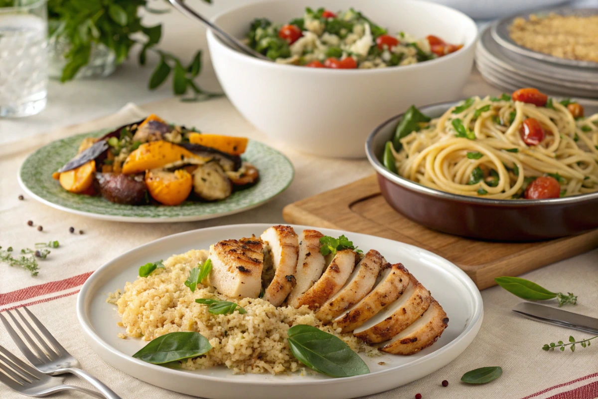 A variety of gluten free dinner options arranged on a cozy dinner table