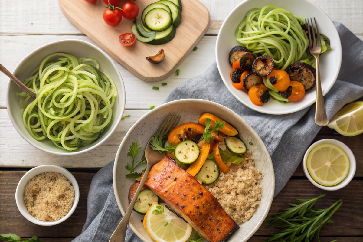 An assortment of gluten free dinner ideas including salmon, zucchini noodles, and quinoa bowls