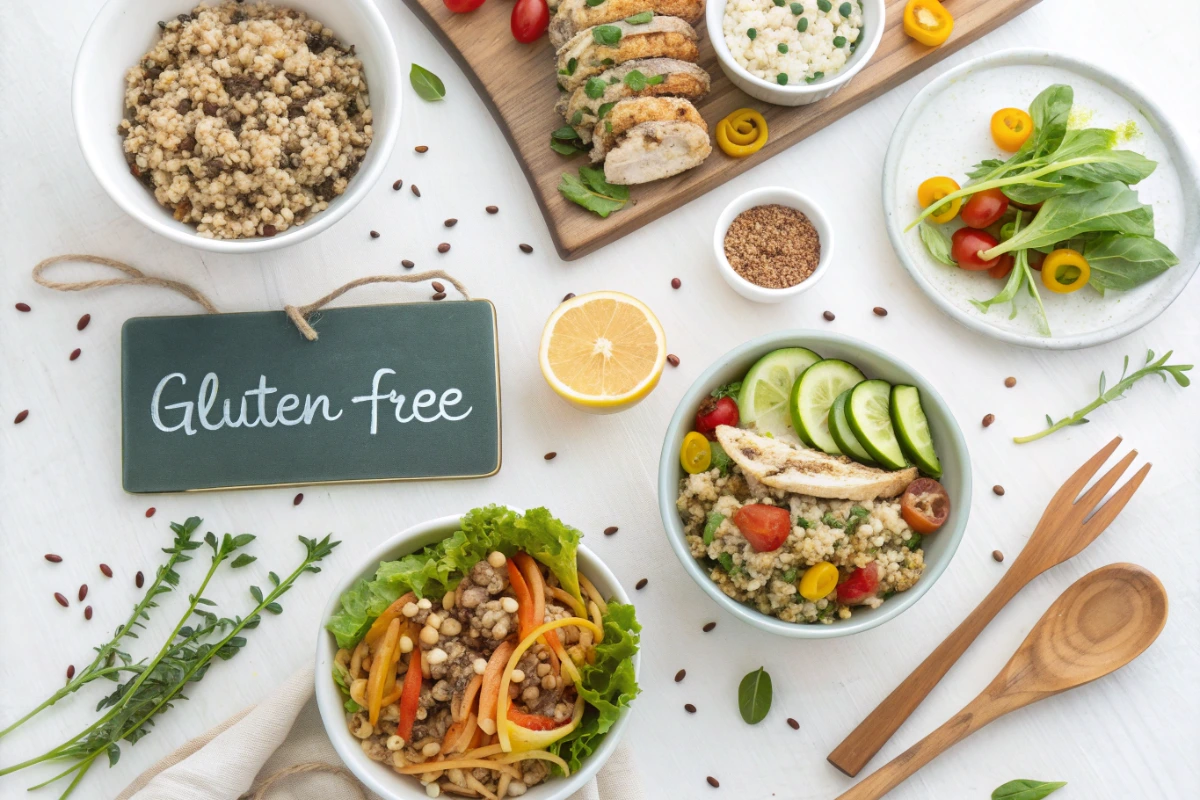 Assorted gluten free lunch ideas displayed on a bright flat lay