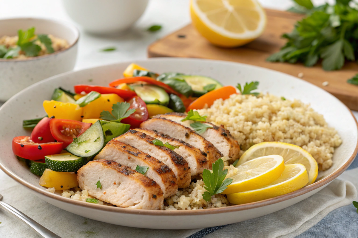 Sliced grilled chicken breast served with couscous and garden-fresh vegetables
