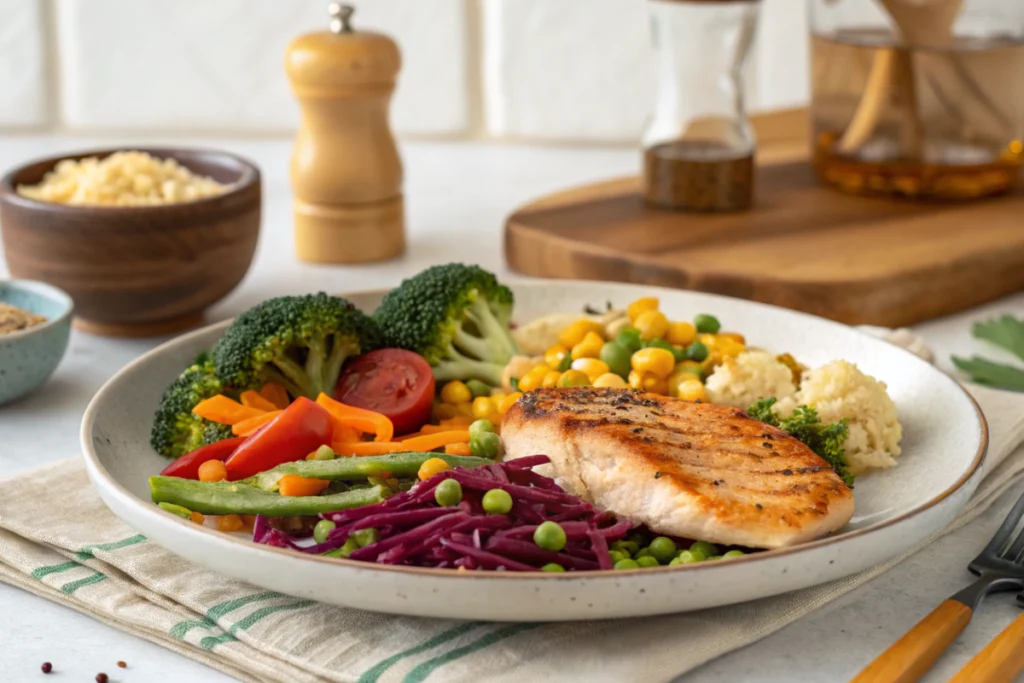 15 Easy Gluten Free Dinners: Quick and Delicious Recipes for Busy Nights 3 Plate of grilled salmon with broccoli, chickpeas, peas, and mixed vegetables