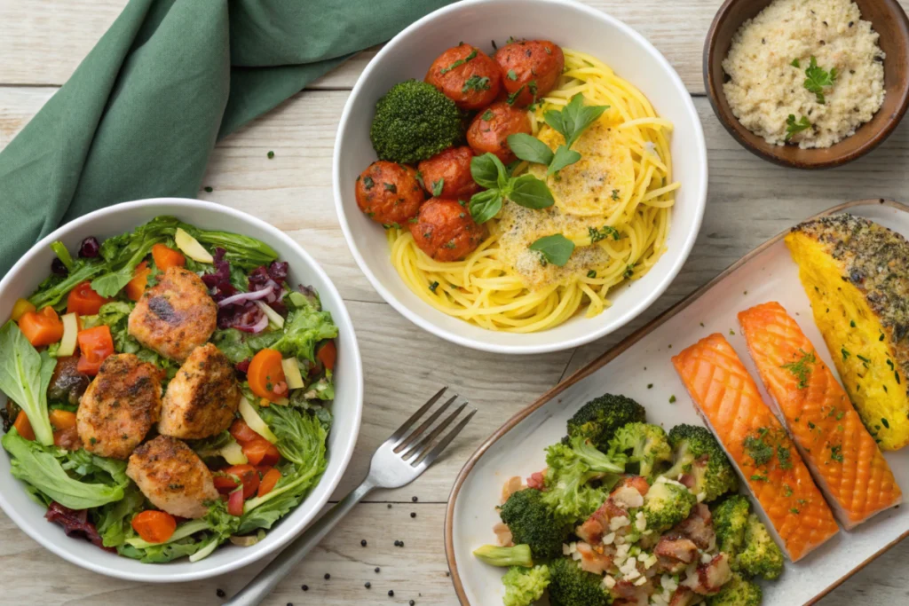 15 Easy Gluten Free Dinners: Quick and Delicious Recipes for Busy Nights 2 Bowls of grilled chicken salad, spaghetti with tomato sauce, and baked salmon with broccoli with easy gluten free dinners