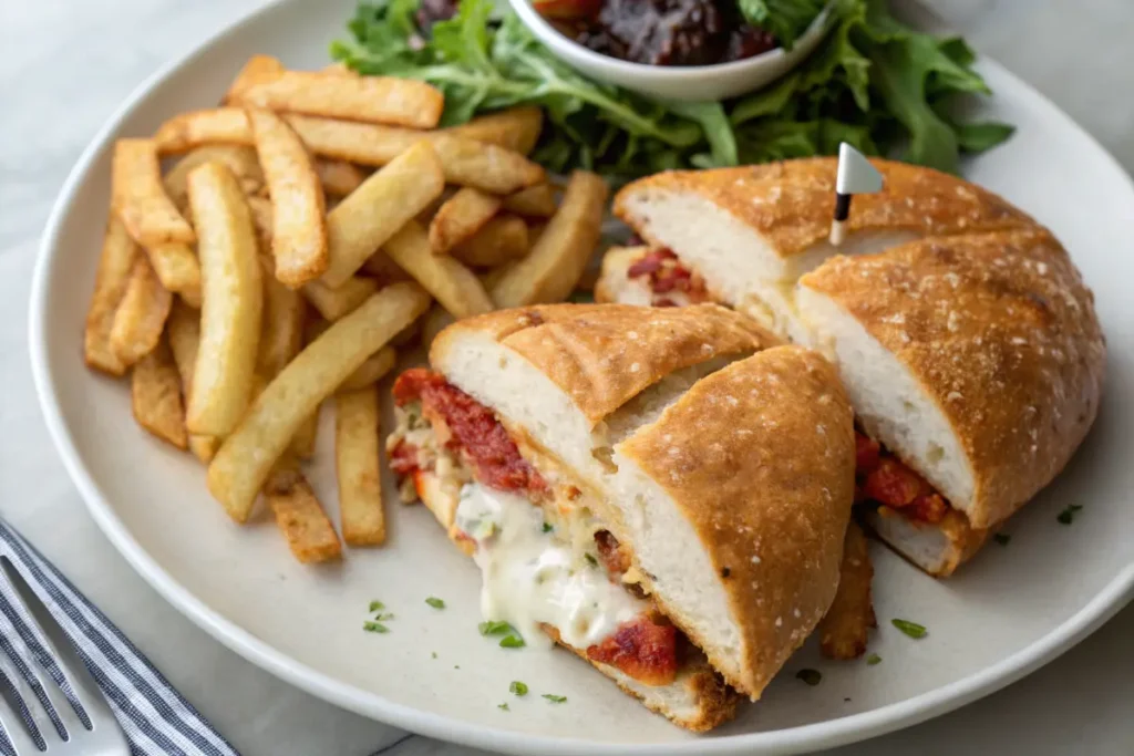 6 Mouthwatering Grilled Chicken Parmesan Sandwich Recipes You’ll Love 3 Overhead shot of grilled chicken parmesan sandwich with fries and salad