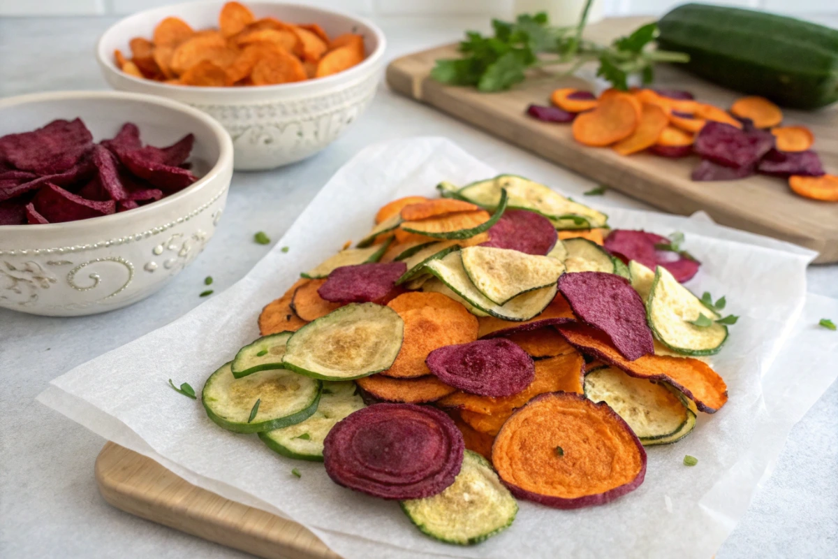 Assorted low carb chips on parchment paper