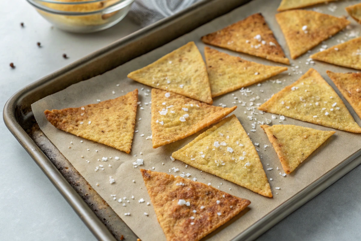 Freshly baked low carb tortilla chips with sea salt